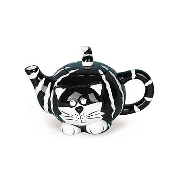 Chester El Gato tetera purrrrr-fect para fiestas de té, comedor y cocina Decor, cerámica negra y blanca
